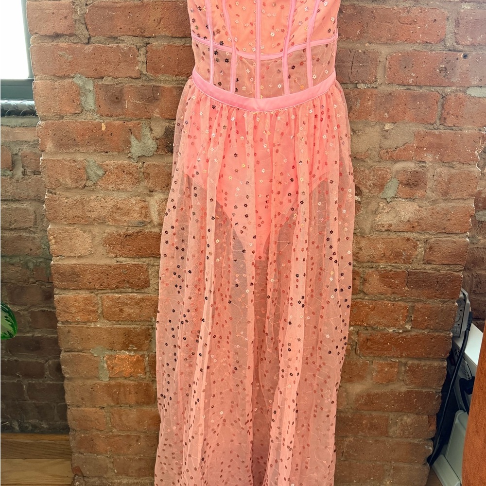 Title: For Love & Lemons Pink Floral Tulle Corset Maxi Dress Size XXS NWT